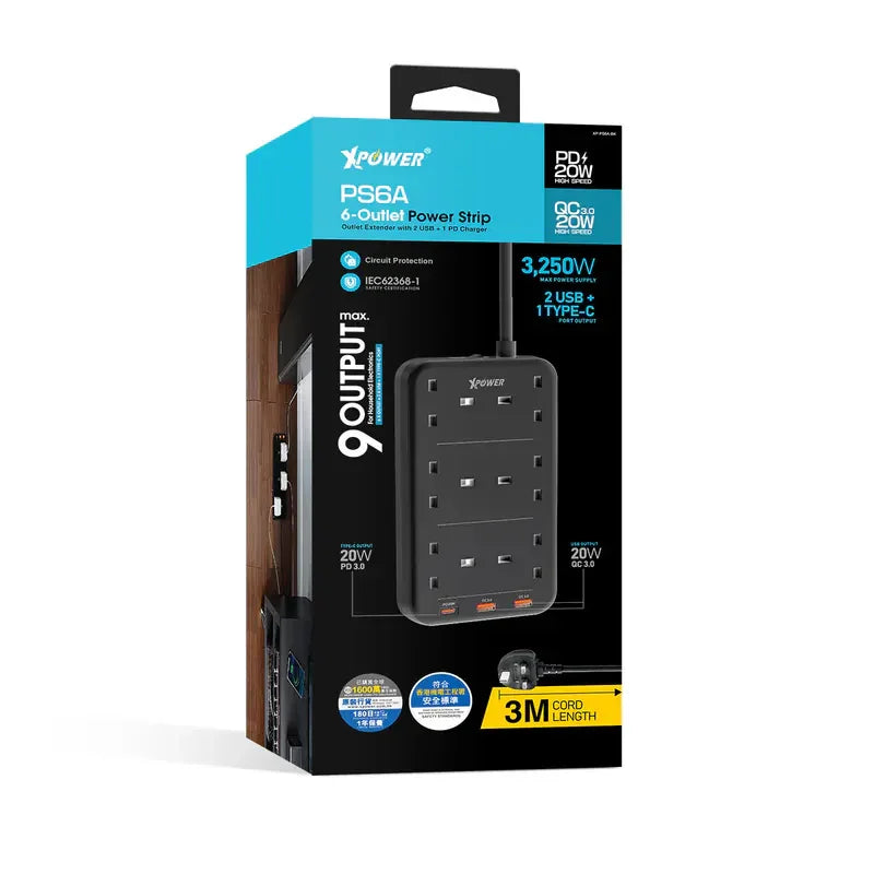XPower 9 Output Sockets Power Strip (3m Wire) - Black - Tashqila XPower 9 Output Sockets Power Strip (3m Wire) - Black - Tashqila